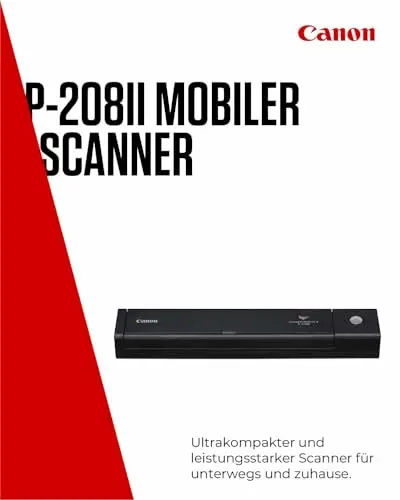 Canon P-208II - imageFORMULA Mobiler Dokumentenscanner (Duplex DIN-A4 Einzug, Farbe, 600dpi, 8 Seiten/Min, 10 Blatt ADF, PDF durchsuchbar, OCR, Plug & Scan, Twain, schwarz)