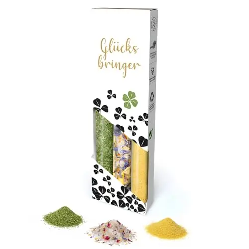 3er Set Gewürze „Glücksbringer“ – Lieblingskräuter Salz, Blütensalz & Zitronen Ingwer Salz als Gewürzbox – Feinkost Gewürzset, Gewürzmischung als Grillgeschenke, Geschenkset Grillen