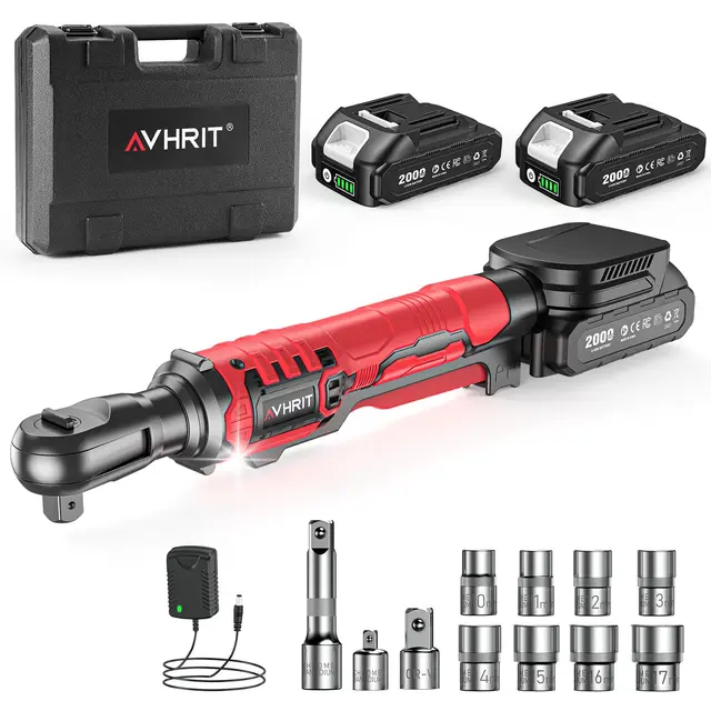 Akku Ratschenschrauber 3/8", 120Nm Elektro Ratschenschlüssel, Akku Ratsche mit 2x 2,0Ah Akkus, LED, 11-tlg. Ratschenschlüssel Set – Ideal für Kfz- und Heimreparaturen