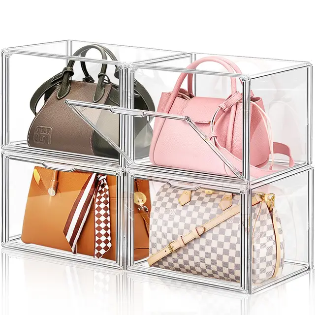 4 Packungen transparente Kunststoff-Handtaschen-Aufbewahrungs-Organizer für Schrank, Acryl-Displaybox für Handtasche, stapelbare Aufbewahrungsboxen, Taschen-Organizer mit magnetischer Tür