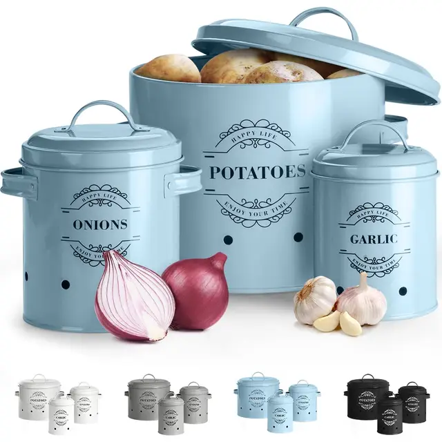 Kartoffeltopf, Zwiebeltopf und Knoblauchtopf Belüftet Vorratsbehälter Set, Set of 3 Die perfekte Kombination aus Modedesign (Hellblau o2)