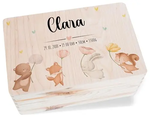 Holz Geschenkbox Holzkiste - Tiere - Erinnerungskiste Baby Personalisiert | Erinnerungsbox Baby Erinnerungen | Waldtiere Bär Fuchs Hase Eichhörnchen - 30 x 20 x 14 - Holz