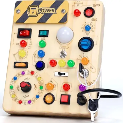 Montessori Spielzeug Busy Board ab 1 Jahr, Activity Board aus Holz, Motorikspielzeug mit 13 Schaltern 24 LED-Leuchten, Lernspielzeug für Kinder 1-3 Jahre Baby Spielzeug & Geschenk für Jungen & Mädchen