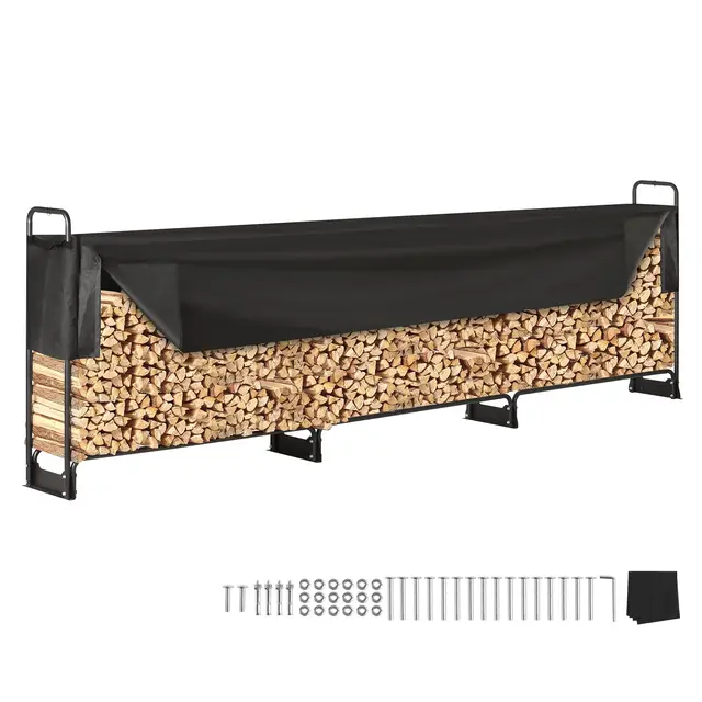 VEVOR Kaminholzregal Metall 386x36x117cm Brennholzregal Stahlrahmen Pulverbeschichtet Kaminholzunterstand 400kg mit Wasserdichter Abdeckung Stapelhilfe Holzunterstand für Veranda Garten Terrasse Hof