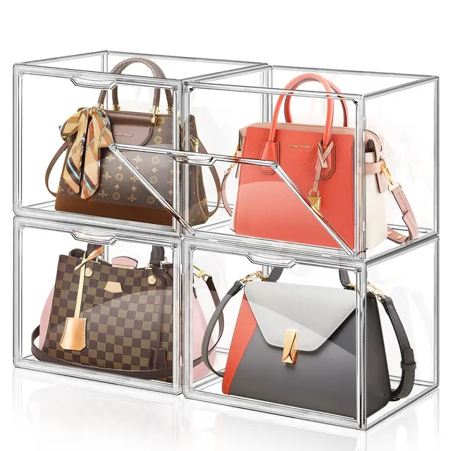 4 Packungen Kunststoff Geldbeutel Lagerung Veranstalter für Schrank, Klare Vitrine für Geldbeutel und Handtaschen, Stapelbare Aufbewahrungsboxen mit magnetischer Tür für Kosmetik Spielzeug