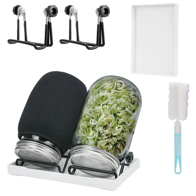 Sprossenglas 2er Set,Sprossen Keimglas mit 304 Stainless Steel Strainer Germination Lids, Abtropfschale & Ständer, 86mm Caliber with Tray, Stand, Shade Cloth Bag and Tin Brush