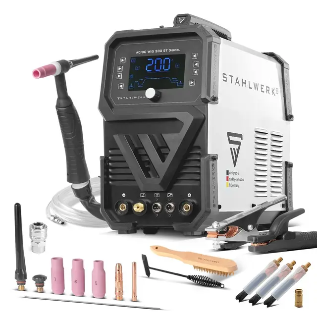 STAHLWERK Schutzgasschweißgerät 3-in-1 Kombi AC/DC WIG 200 ST Digital – WIG & MMA (E-Hand/ARC) bis 200 A, Clean-Modus zur elektrochemischen Reinigung von Edelstahlschweißnähten, HF-Zündung, Spot