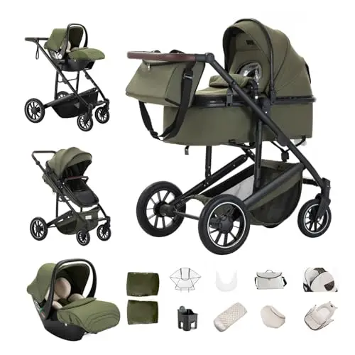 Kinderwagen 3 in 1, Kombi-Kinderwagen mit ECE R129-Autositz, höhenverstellbarer Griff, Buggy mit hohem Aluminiumrahmen für Neugeborene