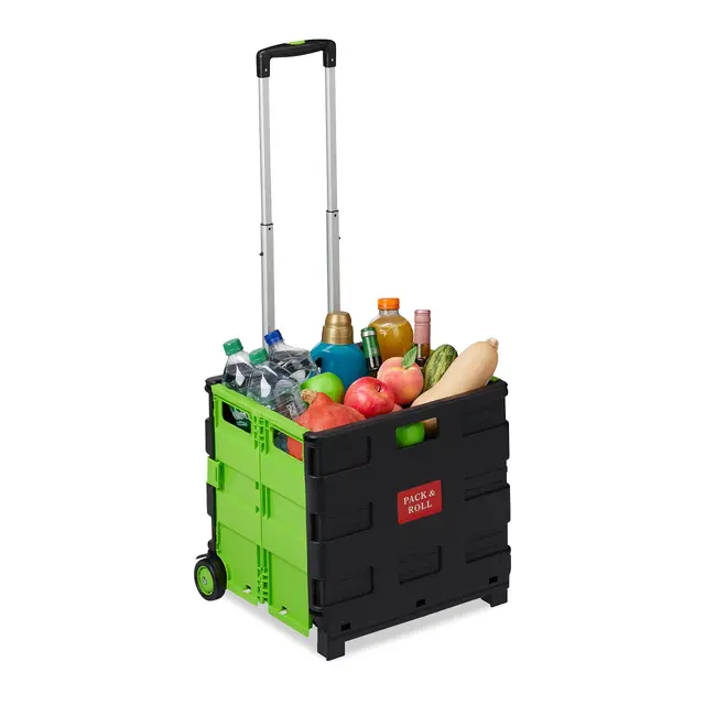 Relaxdays Einkaufstrolley klappbar, Teleskop-Griff, 2 Gummi Rollen, bis 35 kg, Shopping Trolley, Aluminium, ABS, grün