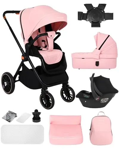 3 in 1 Kinderwagen 0-48 Monate, Buggy mit Zwei Umkehrbaren Schiebemodi, Rahmen Aluminiumlegierung, Klein Zusammenklappbar, Vollfederung, 5 Punkt Sicherheitsgurt Kinderwagen Buggy-Rosa