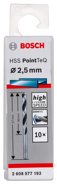 Bosch Professional 10 Stück HSS Spiralbohrer PointTeQ (für Metall, 2,5 x 30 x 57 mm, Zubehör Bohrschrauber)