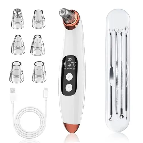 Mitesserentferner Porensauger Porenreiniger Gesicht Elektrisch mit 3 Saugstufen 6 Köpfen, LCD Display, Vakuumsauger zur Gesichtsreinigung, Schonend, USB Wiederaufladbar, Perlweiß