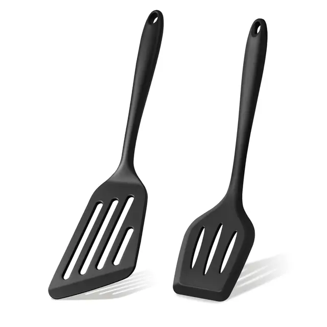 Onader Pfannenwender 2er Set, Silikon Küchenhelfer mit Schlitzwender zum Braten Wenden, Antihaft Spatula Bratwender für Fisch & Fleisch, Hitzebeständig Küchenutensilien, Spülmaschinenfest, Schwarz