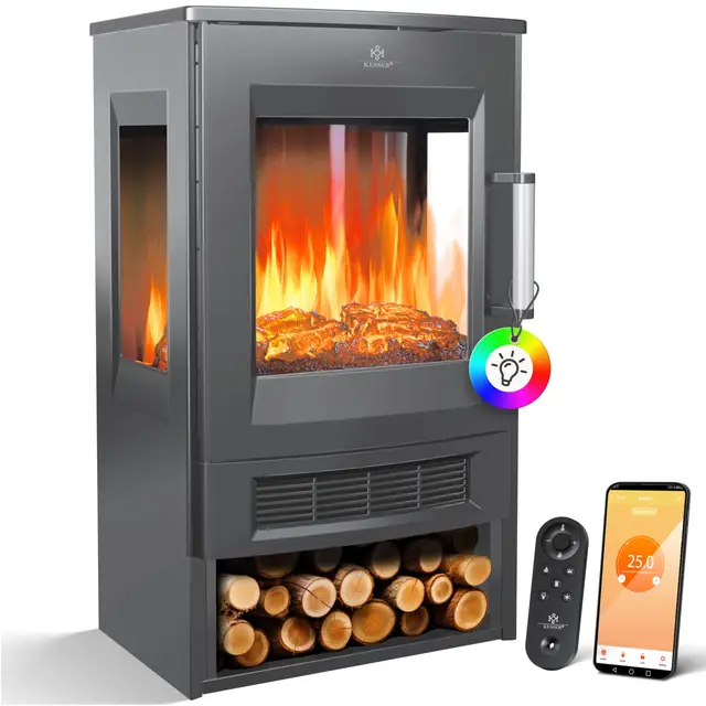 KESSER Elektrokamin Anthrazit 1800W mit WiFi-App, Thermostat & Timer