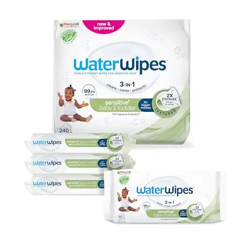 WaterWipes Sensitive+ Baby & Toddler Wipes, Baby- und Kleinkind-Feuchttücher, 240 Stück (4 Packungen), 3-in-1-Reinigung, Pflege, Schutz, 99,9% Wasser, strukturierte Reinigung, parfümfrei