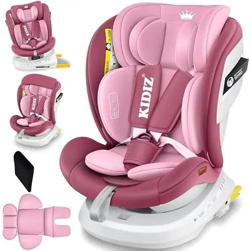 KIDIZ® Autokindersitz mit Isofix i-Size R129 100-150cm bis 12 Jahre, Kinderautositz Gruppe 0/1/2/3, mitwachsender Kindersitz, 5-Punkt-Gurt, höhenverstellbare Kopfstütze, Sitzerhöhung Auto, Rosa