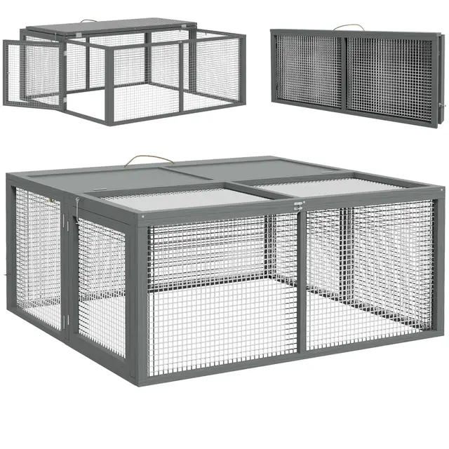 PawHut Hasenstall Klappbar Kaninchenstall aus Holz 110 x 105 x 50 cm Kaninchenkäfig mit aufklappbarem Dach, Freilaufgehege, Griff, Stahlgitter, Hasenkäfig für Meerschweinchen Outdoor Grau