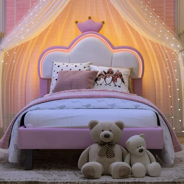 Polsterbett Einzelbett 90x200 cm für Kinder, Mädchenbett mit LED Beleuchtung & App-Steuerung, Kinderbett im Krone-Design, Höhenverstellbares Kopfteil, Samt Rosa & Weiß