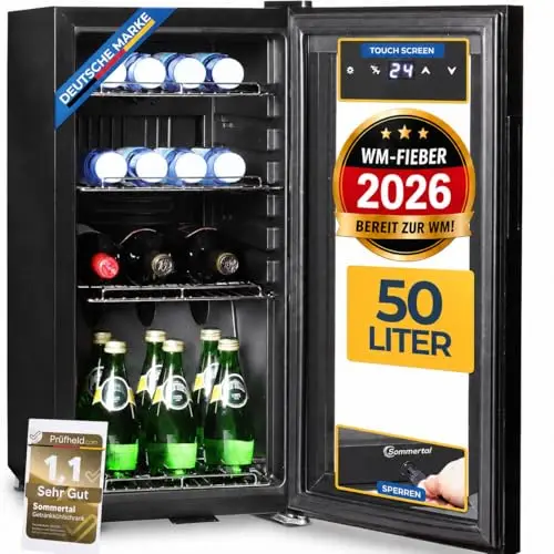 Sommertal Getränkekühlschrank 50L – Mini Kühlschrank schwarz mit Glastür, Touchscreen & LED | Kleiner Flaschenkühlschrank abschließbar & leise für Büro, Zuhause, Bar, Kellerbar & Minibar