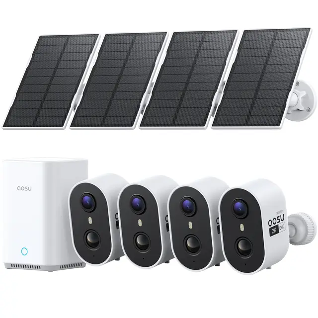 aosu 2K Überwachungskamera Aussen Akku Solar 4er-Kit mit Aosubase 2.0 kein ABO Nötig 32GB Lokal Speicher Kamera Überwachug Aussen PIR Bewegungssensor Licht Tonalarm 2-Wege-Audio Farb-Nachtsicht