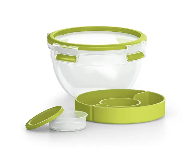 EMSA Clip & Go Salatbox, 1 L, mit Einsätzen für Toppings und Dressing, 100 Prozent dicht, mit Frischedichtung, Transparent, Hellgrün, Made in Germany, 518097
