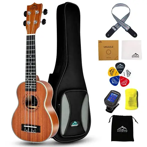 EASTROCK Sopran Ukulele, 21Zoll Hochwertiges Sapeli Ukulele für Kinder, Anfänger und Erwachsene, Ukulele Set mit Gurt, Aquila Nylon Saiten, Tasche, Stimmgerät, 5 Plektren