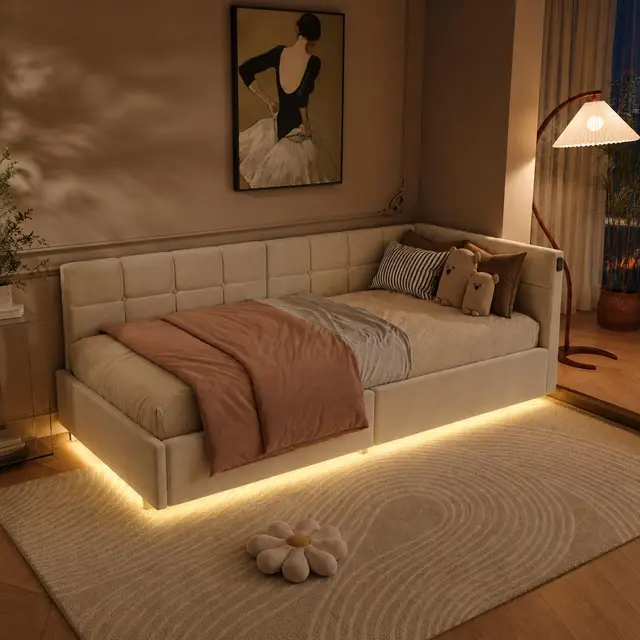Polsterbett Kinderbett 90x200,Einzelbett Multifunktionsbett mit LED-Beleuchtung und USB-Aufladung,Jugendbett 90x200 mit Hydraulischer Stauraum,Bettgestell mit Lattenrost,Ohne Matratze,Flanell