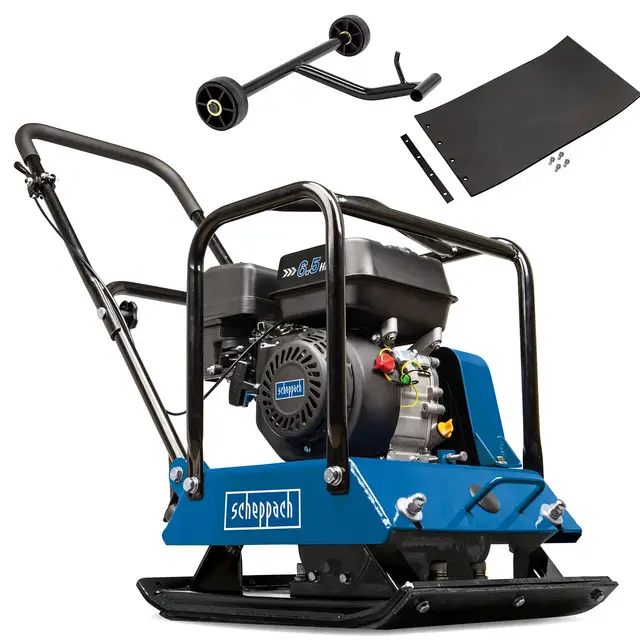Scheppach Benzin Rüttelplatte HP1800S - 23 kN | 6.5PS | 88 kg | 30cm Verdichtungstiefe | Vorlaufgeschwindigkeit 25 m/min | Plattengröße 550 x 440 mm | mit Fahrvorrichtung & Gummimatte (für Pflaster)