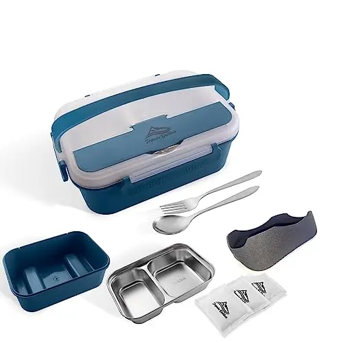 Flammenloses Kochsystem - Campingkocher ohne Gas & Feuer, Essen kochen ohne Strom, Edelstahl Lunchbox für Auto, Camping, Büro und Notfall, inkl. Gabel, Löffel & 3 Kochpads