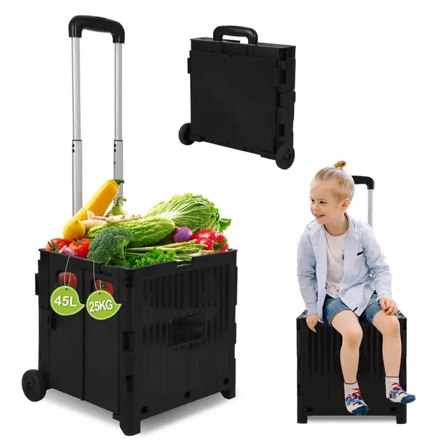 Einkaufstrolley Klappbar, mit neigbarer Teleskopgriff & Deckel, 2 x Rollen, bis 35 kg, 45 Liter Kiste, Trolleys für Einkauf, Märkte und Camping, Schwarz