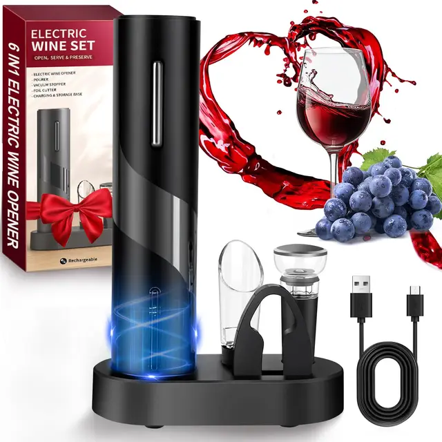 Korkenzieher Elektrisch, Hotec Weinflaschenöffner Set, Automatischer Flaschenöffner, Geschenkidee Weinflaschenöffner, Korkenzieher Wein mit Kapselschneider, USB-Kabel, Ausgießer, Vakuumstopfen