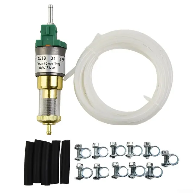 12V Ultra-Leise Dieselheizung Pumpe für Luftstandheizung, Elektronische Impulspumpe 22ml - Passend für 1KW-5KW Diesel/Benzin Heizgeräte inkl. Kraftstoffschlauch-Set (Silber/Grün, Metallgehäuse)