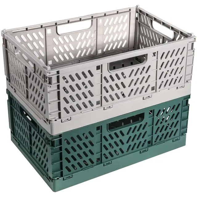 2Pcs Klappkiste, Kunststoff Stabile Klappboxen, 42 x 28 x 16cm Faltbare Aufbewahrungskorb, Stapelbar Klappkisten Set für Lagerung Küche, Schlafzimmer, Arbeitszimmer, Büro, Garten (Grau+Dunkelgrün)