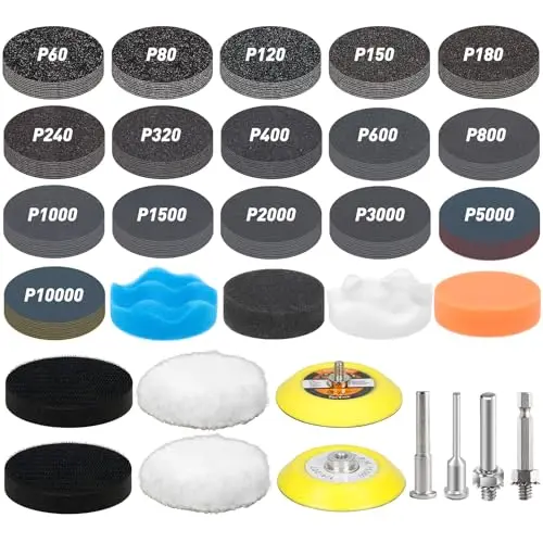 174 Stück Polieraufsatz Akkuschrauber 75mm Schleifpads Klett 60-10000 Körnung Nassschleifpapier, Polierpads Scheinwerfer Schleifaufsatz für Bohrmaschine, Schleifpapier für Auto, Metall, Holz, Farbe