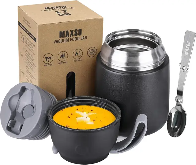 VITONIS Thermobehälter für Essen 500ml Edelstahl Isolierbehälter Gefäß für warme Speißen, Essen, Suppe, Isolierbehälter mit Löffel Thermo Gefäß, Schwarz