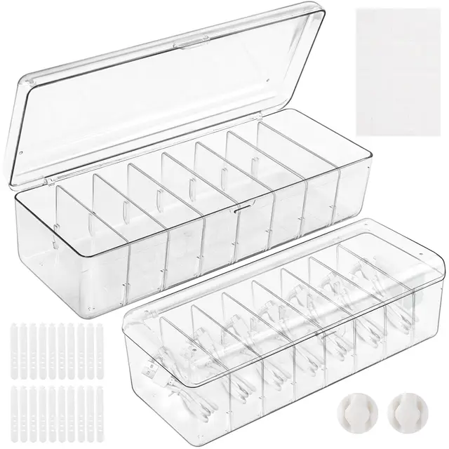 Arvok 2 Stück Kabel Aufbewahrungsbox mit Deckel, Kabel Organizer Box mit 8 verstellbaren Fächern, Lösung bei Kabelsalat für Aufladekabel, Organizer für kleine Utensilien