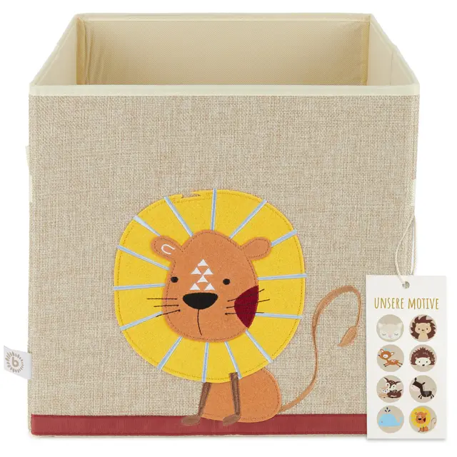 Bieco Aufbewahrungsbox Kinder | Löwen Motiv ca. 36L faltbar | Süße Spielzeug Kiste für Kallax Regal | Aufbewahrungsbox 33x33x33 | Kallax Boxen für Spielzeug Aufbewahrung | Storage Box Kallax