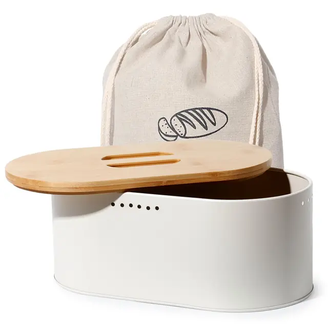 SYLANDO Brotkasten Metall mit Bambusdeckel Beige