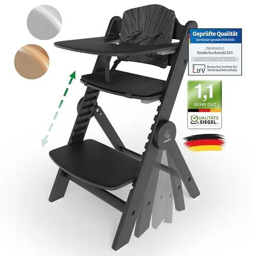 Premium Kinderhochstuhl ZS3 Set - mitwachsend klappbar verstellbar, Hochstuhl Baby ab 6 Monaten bis 90kg belastbar, mit Essbrett - Treppenhochstuhl Kinderstuhl Holz High Chair (pearl-black)
