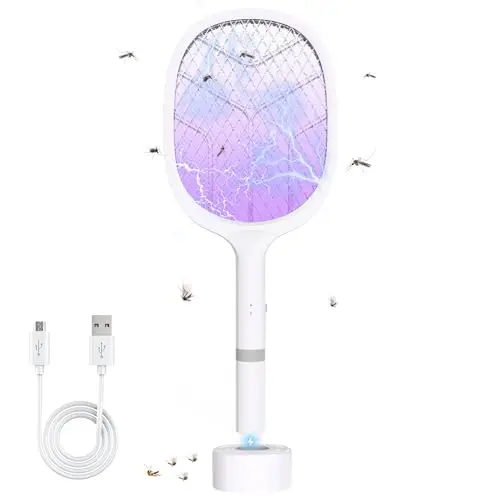Elektrische Fliegenklatsche: 4800V Fliegenklatsche Elektrisch mit UV Lichtfalle, 2 in 1 USB mit 2000 mAh Akku Aufladbar Abnehmbar Elektro Mückenklatsche mit Ladestation, für Mücken-One