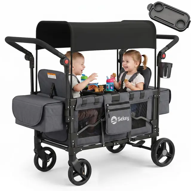Sekey Bollerwagen Kinder Zwillingsmodus, Bollerwagen Faltbar mit Dach 2 Kinder, Duo Schiebegriff Kinderwagen Doppelsitz mit 2 integrierten 5-Punkt-Gurtsystem, Zwillingskinderwagen Luxer 6060, Schwarz