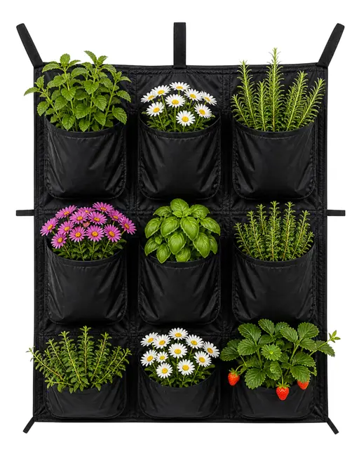 Pflanzsack Hängend mit 9 Taschen - Pflanztaschen Hängend für Erdbeeren Kartoffeln Tomaten Kräuter und mehr - Pflanzbeutel Hängend Grow Bags - Pflanzsäcke für Draussen Vertikaler Garten Wandbeet
