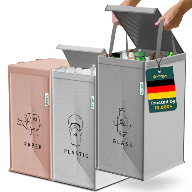 Mülltrennsystem 3fach – Set aus 3 Mülltrennsysteme für Plastik, Papier und Glas – Recycling Behälter 40L mit Griff – Abfall & Recycling Lösung – Mülltrennsystem Küche – Altpapier & Altglas