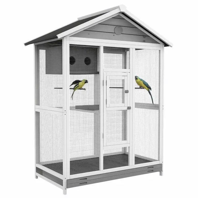 PawHut Voliere Vogelvoliere aus Holz, Vogelkäfig mit 4 Sitzstangen, Stahlgittern, 2 Türen, Vogelhaus für Sittiche, Finken, Stahl, Grau, 112 x 68 x 154 cm