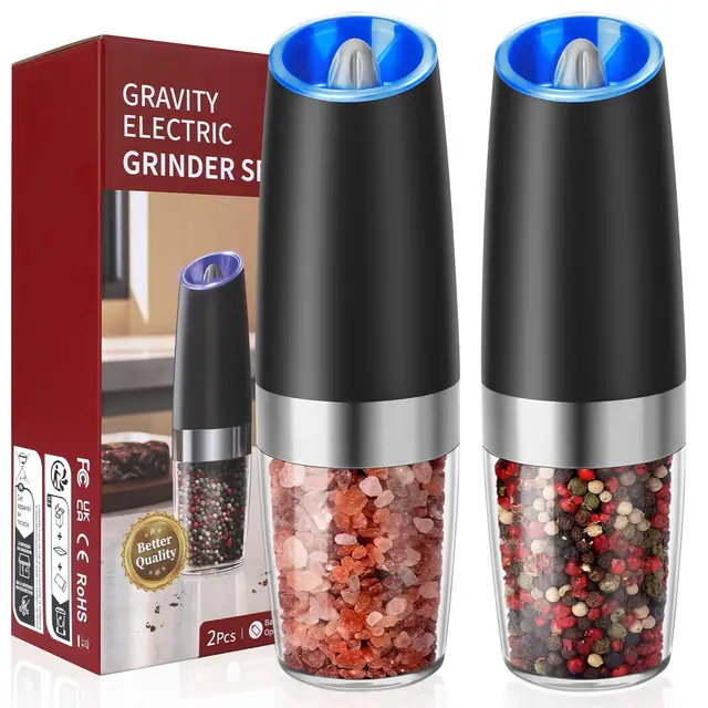Hotec Elektrische Pfeffer und Salzmühle Set, 9 Oz Hochkapazität, AAA-Batteriebetrieben mit Gravity-Sensor, 6-Stufen Mahlgrad & LED-Anzeige, 2er Set