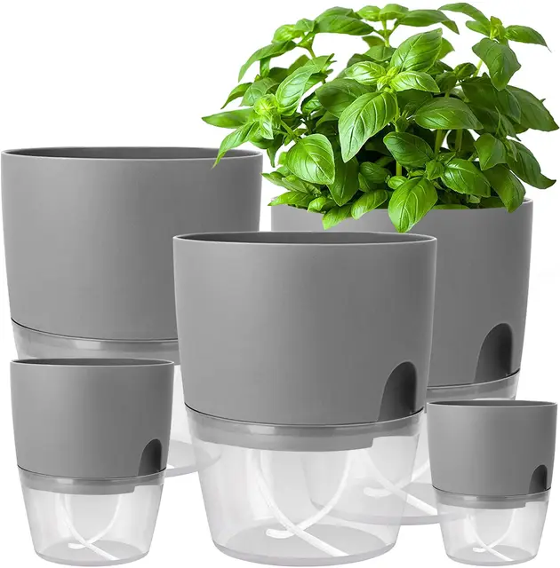 iDattel Blumentopf Mit Bewässerungssystem,Kräutertopf Küche Set Fensterbank selbstbewässernd-5er Set Kräutergarten für die Küche,15.3/10.5/8.2cm, für frische Küchenkräuter, Grau