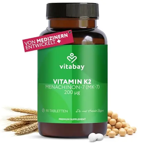 Vitabay Vitamin K2 MK-7 Hochdosiert 200 µg – 90 Vegane Tabletten – Für Knochen & Blutgerinnung - MK7 All-Trans Form Mikroverkapselt – Laborgeprüft in Deutschland – Vorrat für 3 Monate