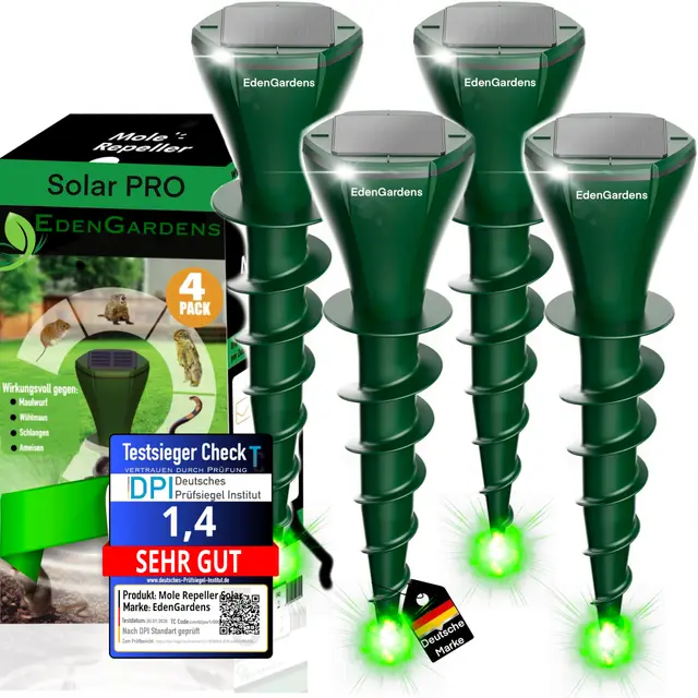 EdenGardens SOLAR MOLE PRO Maulwurf Vertreiber bestes Mittel gegen Wühlmäuse & Maulwurf - Maulwurfschreck Maulwurfvertreiben (4er Set)