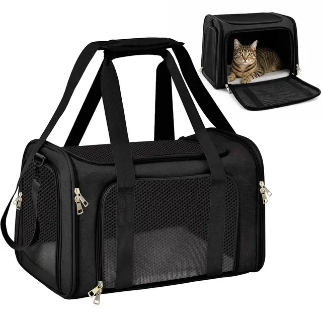 Transportbox Katze, Katzen Transportboxen, Faltbare Tragbare Katzentransportbox, Leichte Tragebox Bis 8kg, Für Kleine und Mittelgroße Katzen, Belüftet (Schwarz, L 45 x B 30 x H 30 cm)