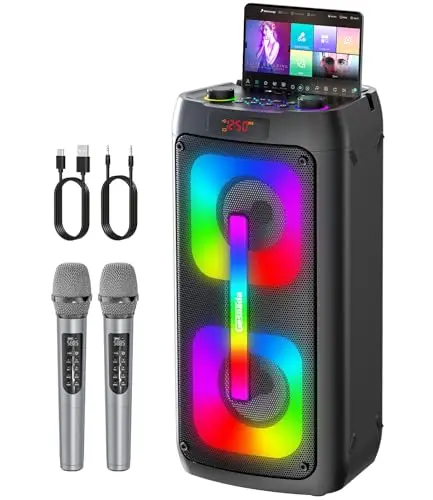 Karaoke Maschine mit 2 Mikrofonen, tragbare Bluetooth Karaoke Anlage mit LED Lichtern, PA System, ideal für Home Partys und als Geschenk für Erwachsene und Kinder